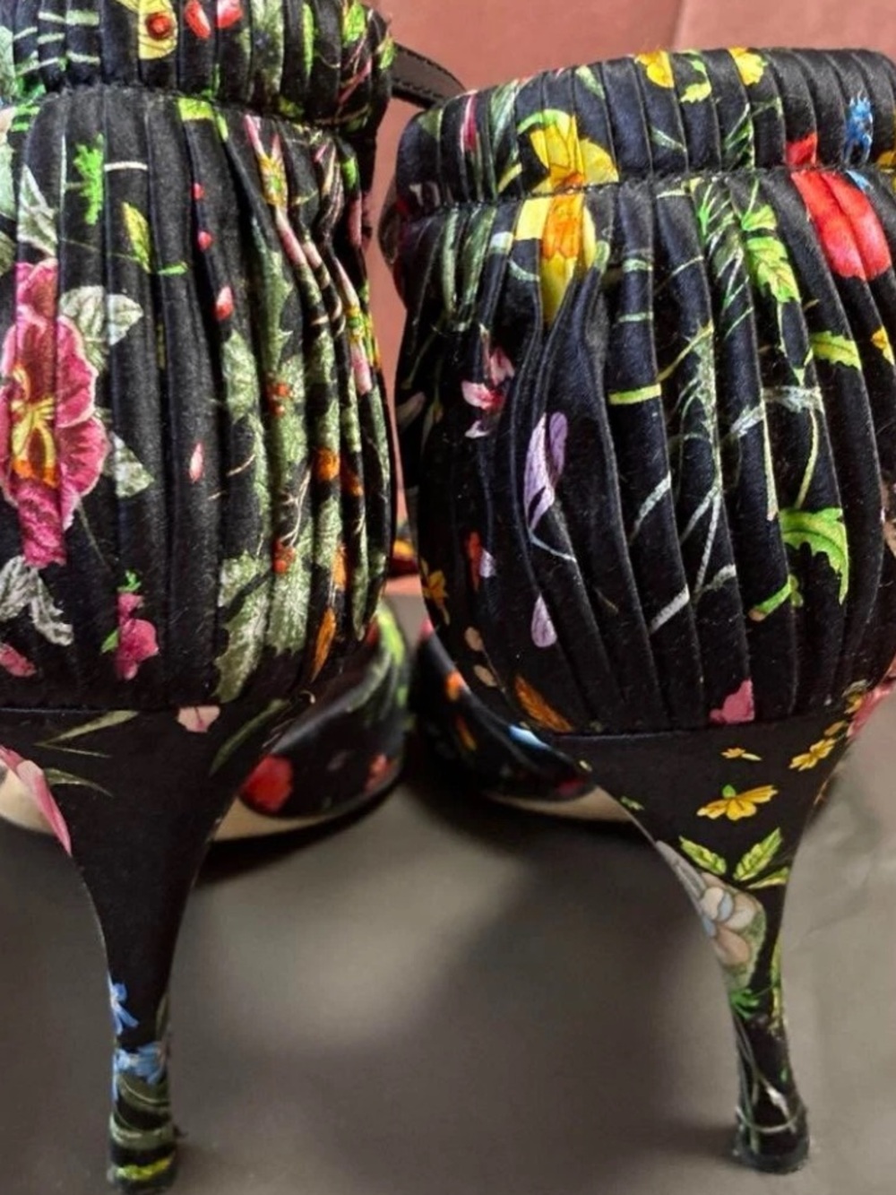 Gucci Floral💐 Satin Ankle Strap Heels w/ Knot Bow  Print Stiletto Sandals- Mint - Picture 4 of 8